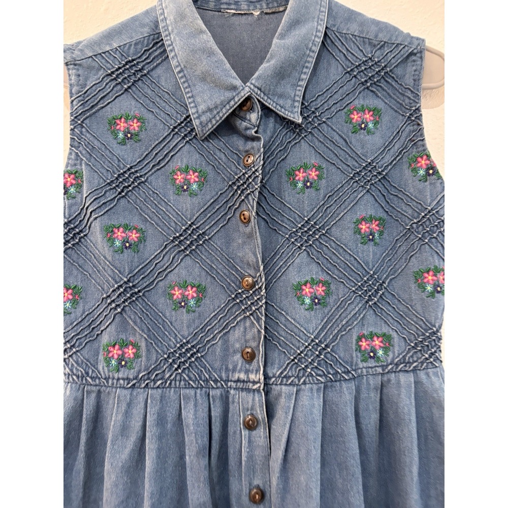 Vtg 90s Cottagecore Denim Maxi Dress Floral Embroidered Smocked Coquette L - Picture 4 of 13